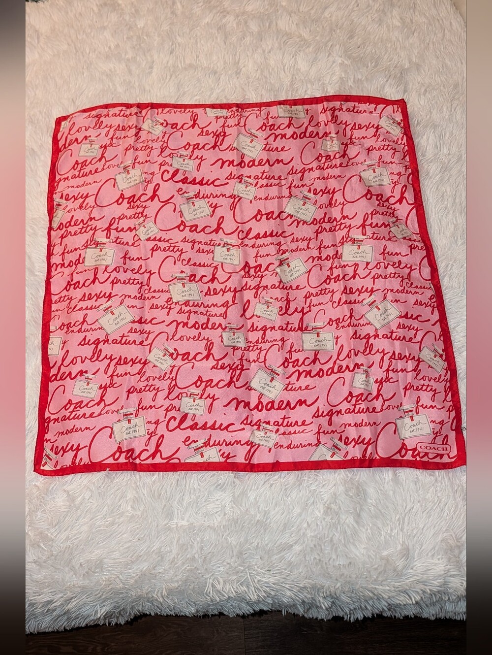 Coach 1941 Perfume Bottle Print Silk Scarf Rare 25" Square Red Pink GUC
